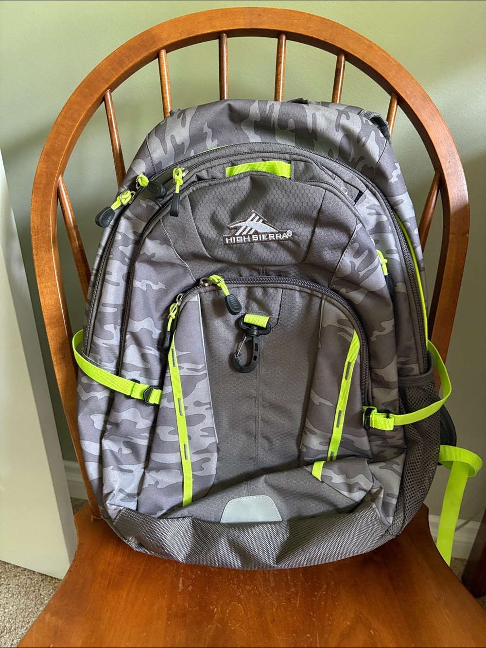 High Sierra Gray Camo Backpack with Neon Yellow Accents, Like New!